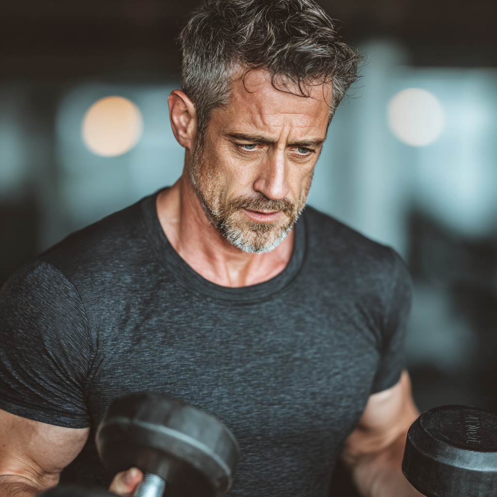 Mature man in his 40s exercising with dumbbells in modern gym, showing determination and focus during strength training workout