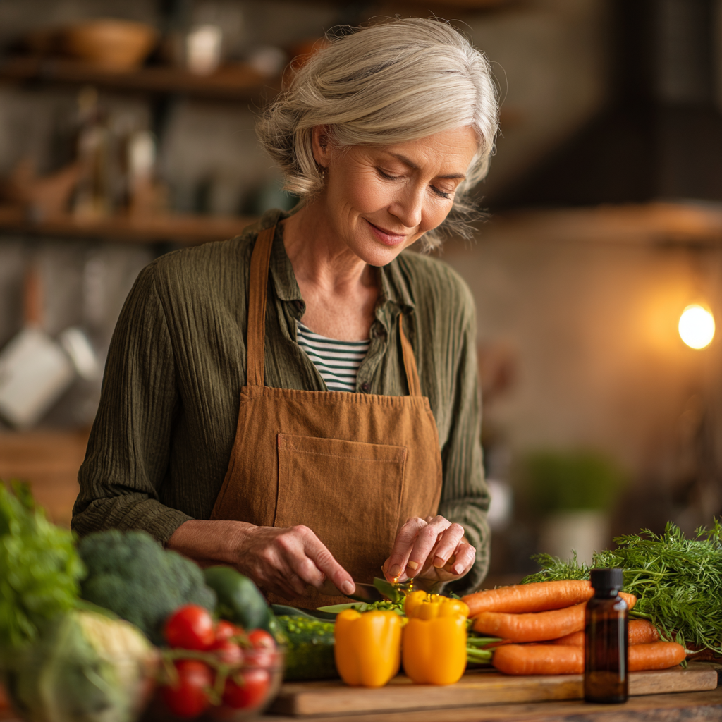 Professional woman in her 50s preparing healthy meal with fresh vegetables and supplements, demonstrating balanced nutrition approach for mature adults